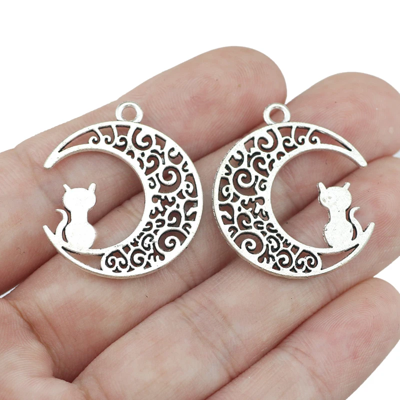 10 Pieces 25*30 mm Antique Silver Color Moon Cat Charms Hollow Pendant  For DIY Jewelry Making