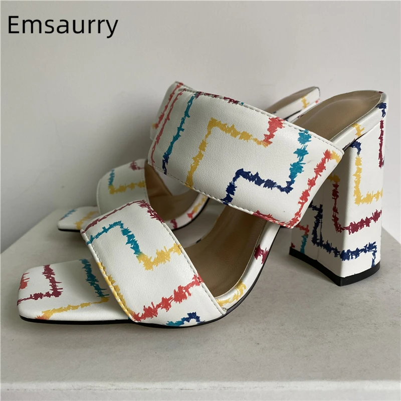 Graffiti Genuine Leather Band Sandals Women High Heel Square Open Toe Slingbacks Slim Summer Mules For Girls