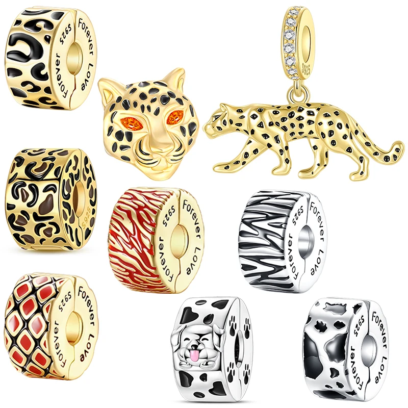 925 Sterling Silver Wild Animal Print Charms Leopard Head & Pendant Clip Beads Fits Bracelets Jewelry Gift for Women