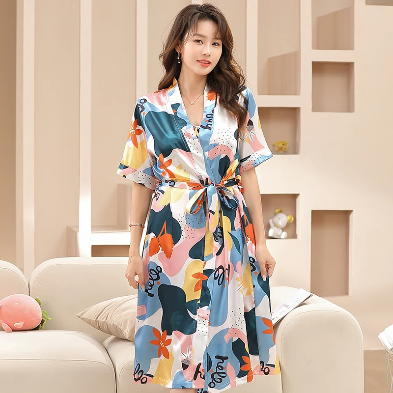 

Plus Size 4XL Luxury Silk Satin Robes Floral Robe for Women Kimono Bathrobe Summer Fashion Short Sleeve Thin Female Bathrobes