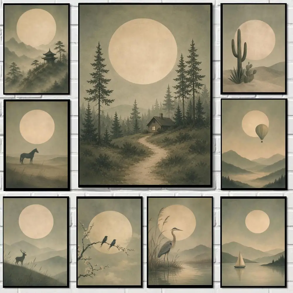 Full moon tranquil nature collage Poster Art HD Advanced Aesthetic Printing Paper Wall Art for Living Room Home Decor