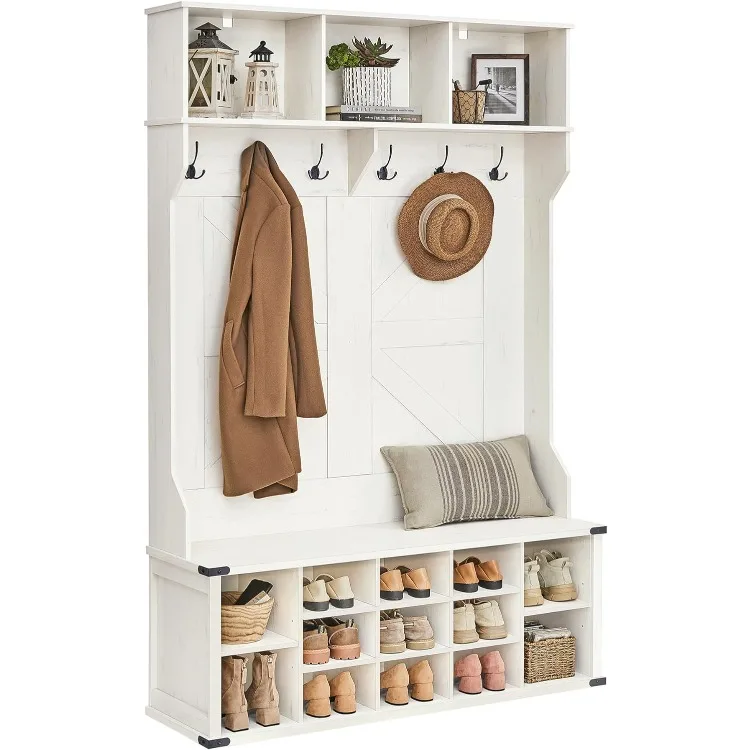 White Hall Tree with Bench and Shoe Storage, Coat Rack with Shoe Bench, 16 Open Compartments & Adjustable Shelf