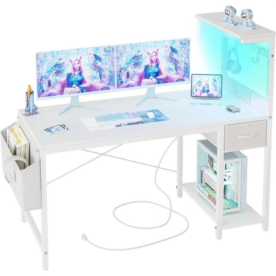 مكتب ألعاب مقاس 55 بوصة مع مخرج طاقة مدمج وإضاءة LED قابلة للتعديل لإعداد المكاتب المنزلية وأرفف قابلة للعكس وS مخفية #1