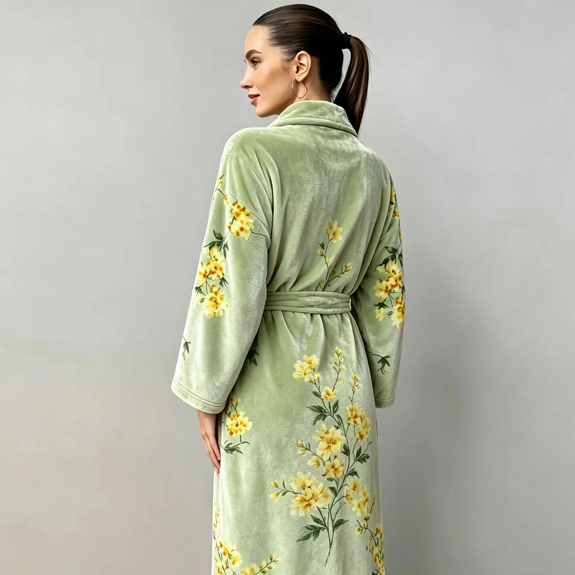 Women's Winter Printed Flannel Robe with Hidden Side Pockets, Adjustable Waist Belt, Loungwear Robe for Home & Outdoor Wear