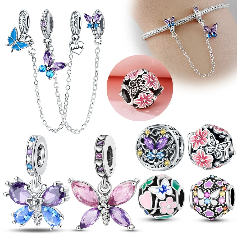 925 Sterling Silver Colorful Butterfly Series Charm Purple Blue Stone Butterfly Safety Chain for Women's Bracelet Diy Jewelry