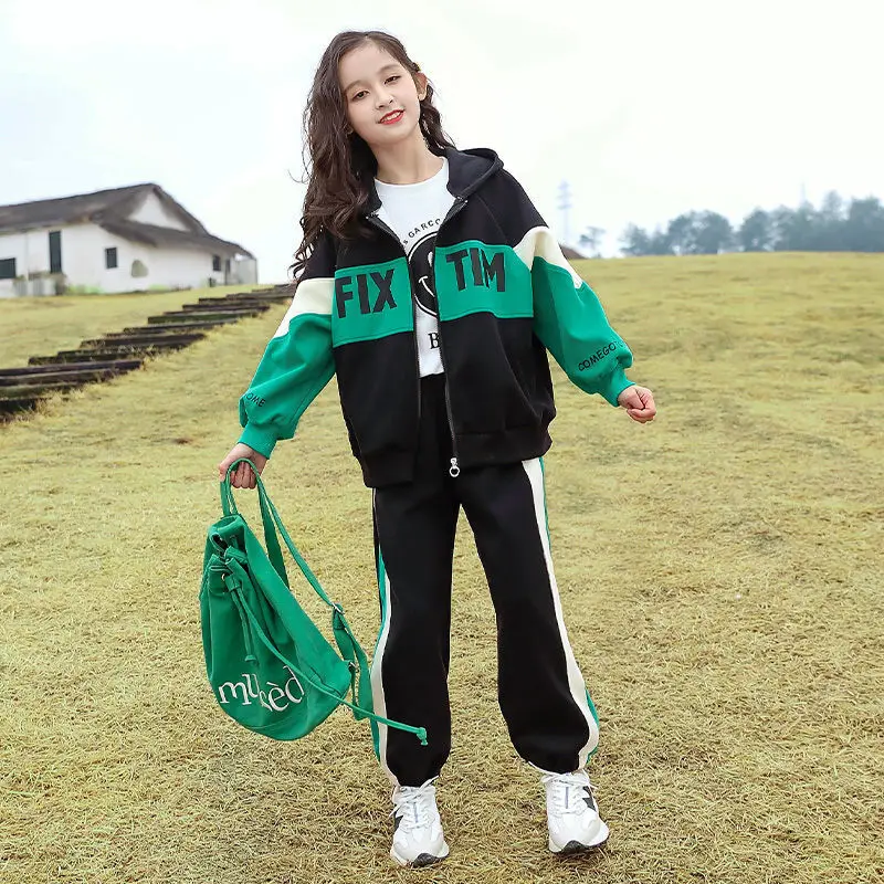 

Children's Clothing Sets Girls Sports Suits Spring Long-Sleeved Hooded Jacket+Pants Casual Kids Autumn Outfits For Teens 5-14Yrs