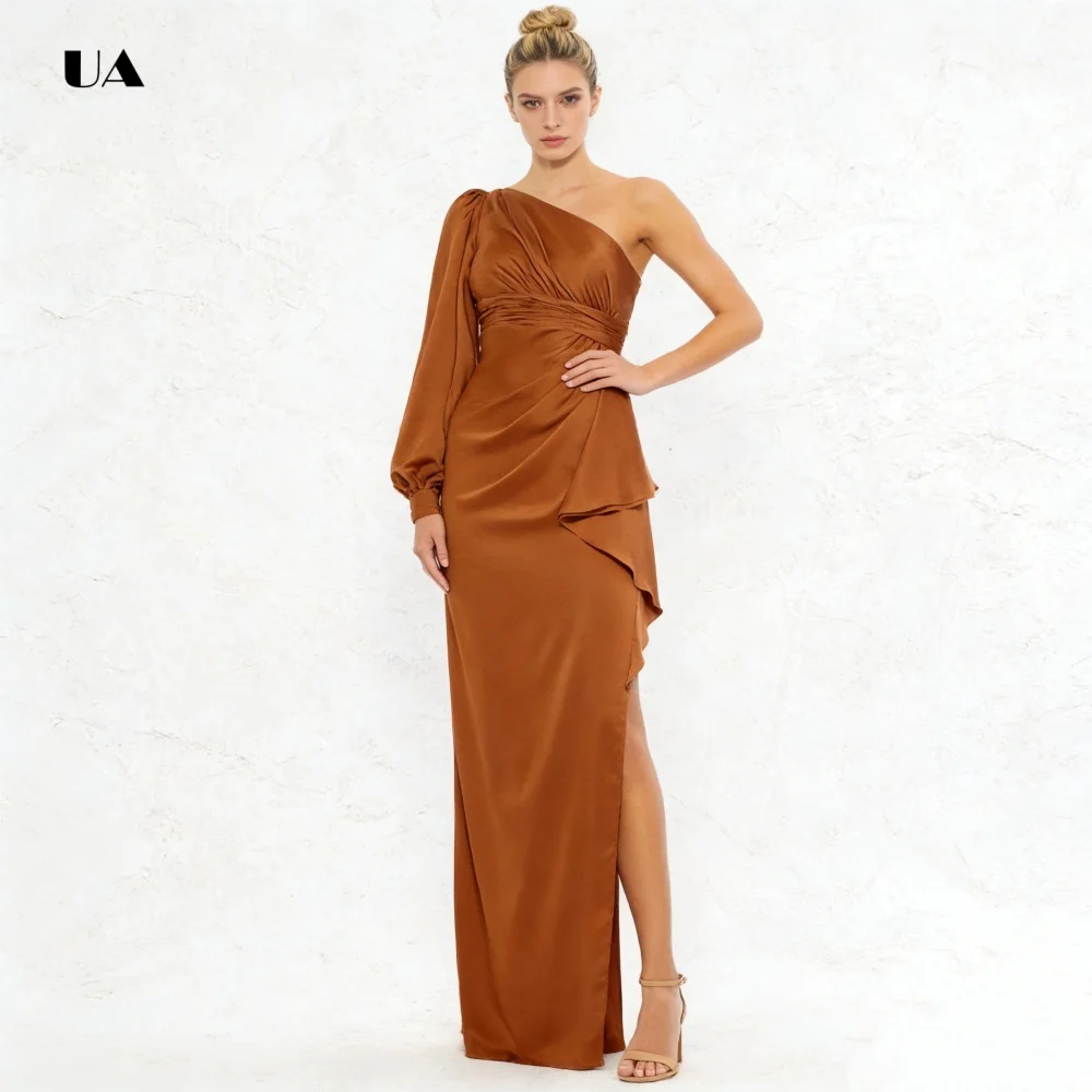 

Simple Column Prom Dress with Asymmetrical Neck, Solid Satin Evening Dress with One Bishop Sleeve, Draped Customized Party Gown