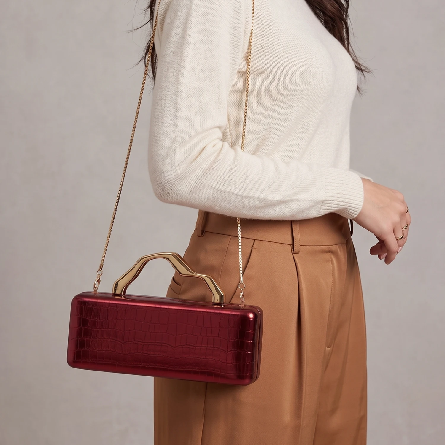 Luxuriöse Abendclutch mit Krokodilprägung in Gold, Damenmode, Party-/Hochzeitstasche, Umhängetasche mit Kette, lange Damenbrieftasche. – Detail 20