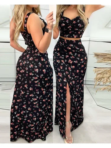 Conjunto de 2 piezas ajustado con estampado Floral para mujer, Top corto + falda larga Maxi, trajes de mujer informales divididos de dos piezas, primavera y verano