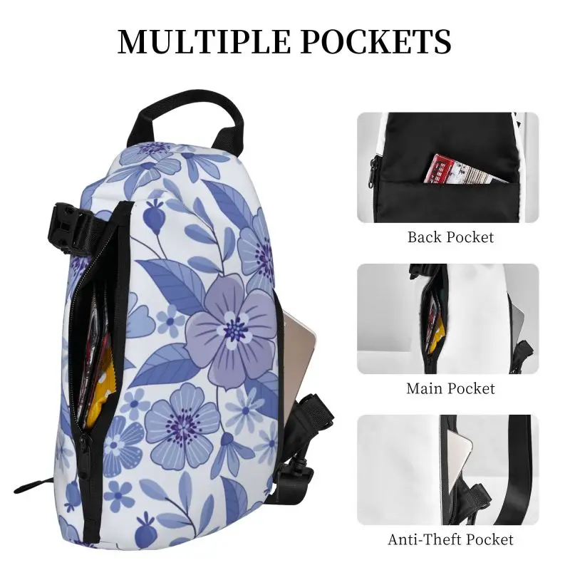 Blue Floral Pattern Chest Bag Trendy and Fashionable Women's Shoulder Bag Sports and Leisure Men's Oblique Straddle Bag