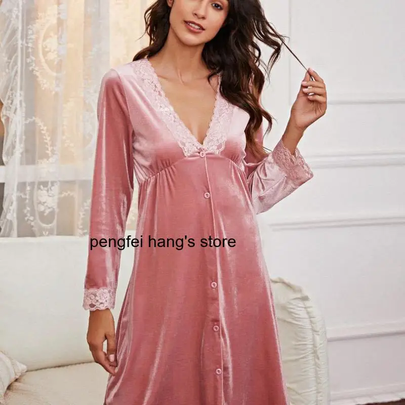 Warm Women Velvet Sleepwear Kimono Gown Lace Patchwork Long Sleeve Sexy Elegant Casual Night Home Loungewear