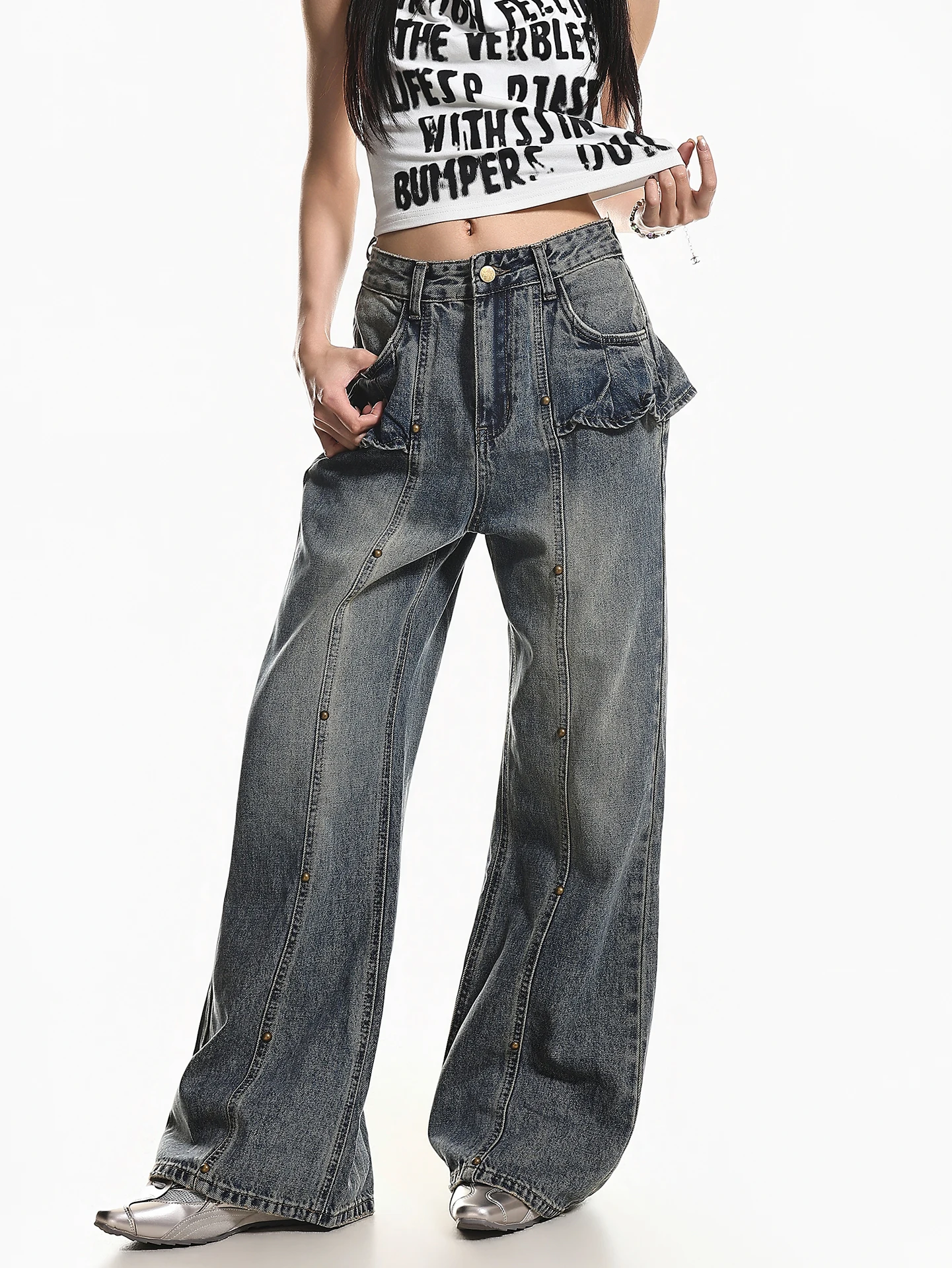 

XPKAEAX American Style Ripped Jeans Women's Summer New Washed Micro Flared Long Pants Rivet Patchwork Denim Skinnies