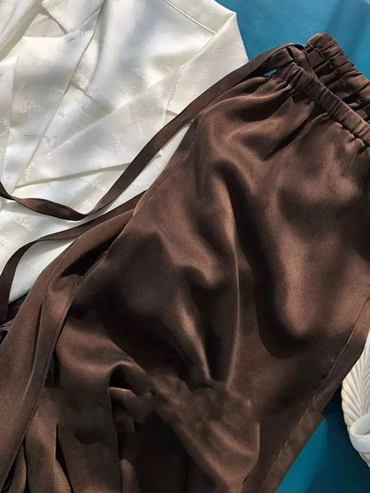 

Модные женские брюки из коричневого атласа с эффектом драпировки, прямые, повседневные, удобные, дышащие, летние, длинные