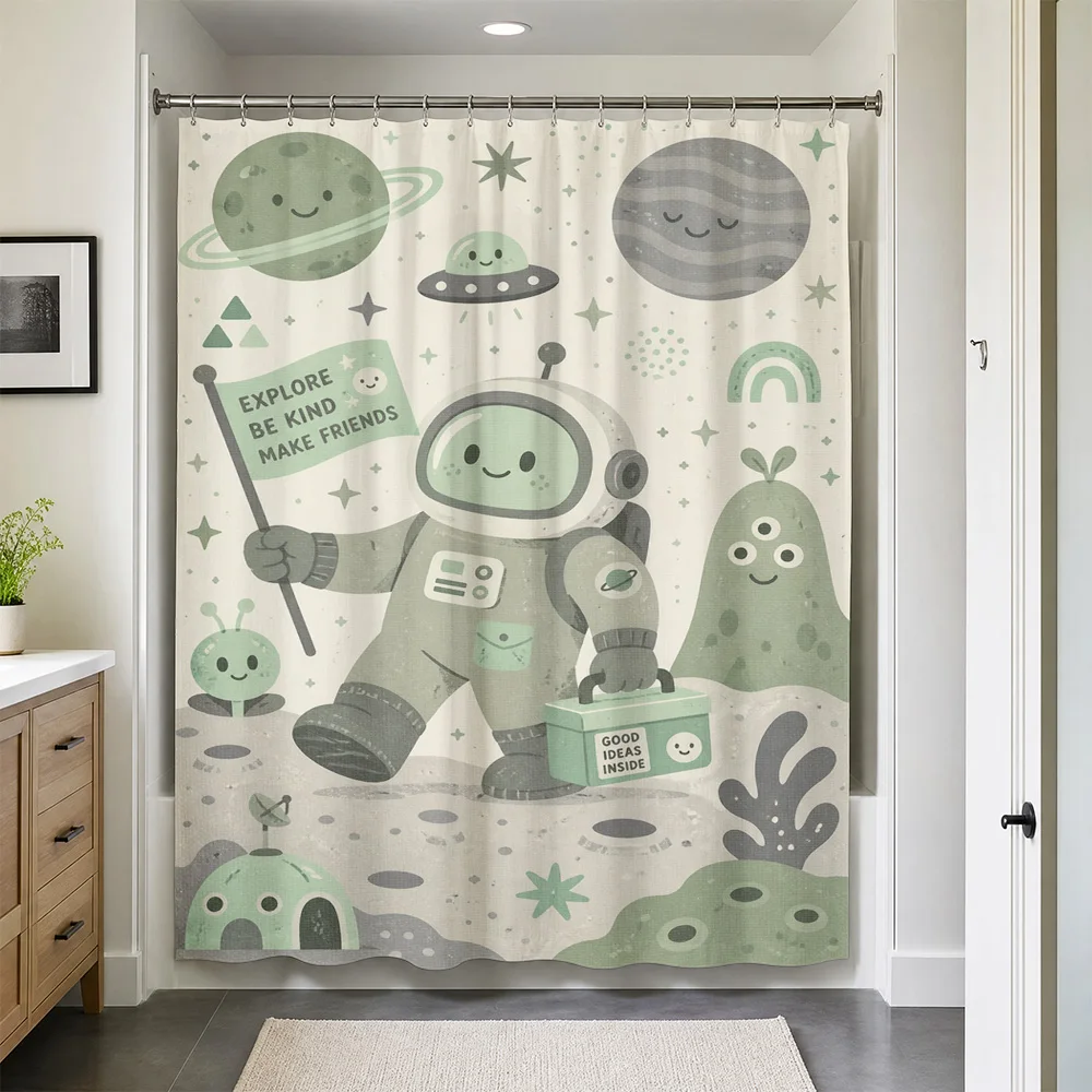 Waterproof Kids Space Astronaut Planets Shower Curtain for Nursery Bath Decor Galaxy Cute Whimsical Bathroom Home Design