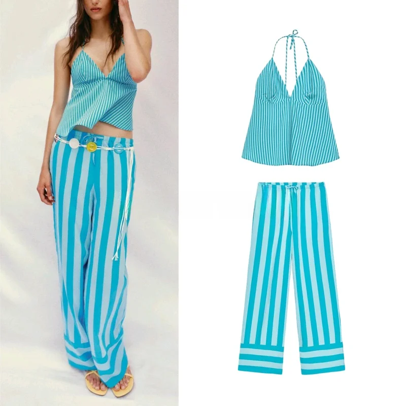 

Casual Wide Leg Pants V-Neck Strapless Design Stripe Pattern Backless Top Women's Fashion Set Summer Collection 2026