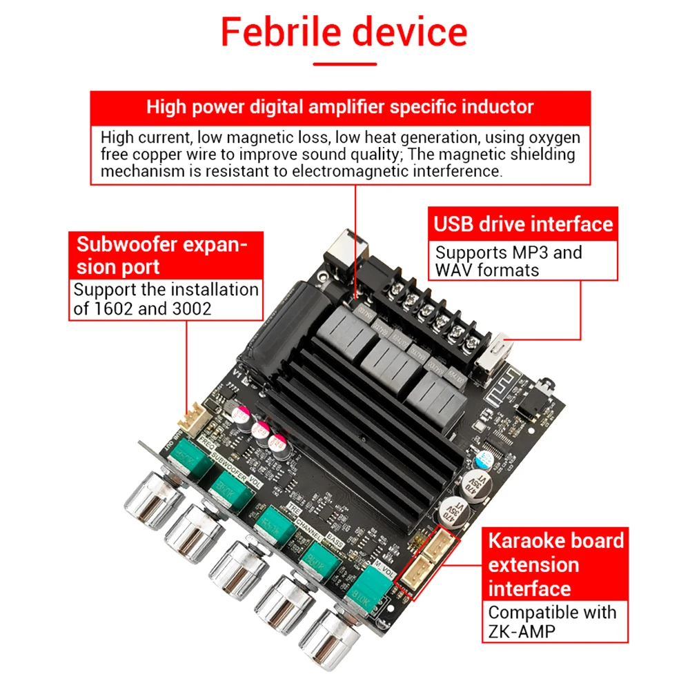 ZK-ST21 2.1 Channel Bluetooth Amplifier Board 100w+100w+200w Subwoofer TPA3221 Chip Support Bluetooth AUX U Disk Sound Card