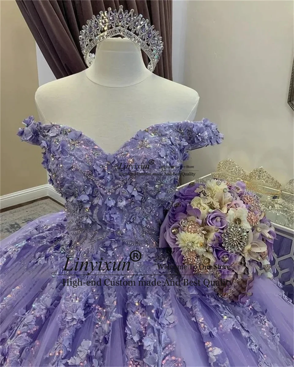 Gaun quineanera ungu mewah manis rok bola kristal Floral 3D gaun pesta Prom acara wanita gaun pesta Prom pesta Prom