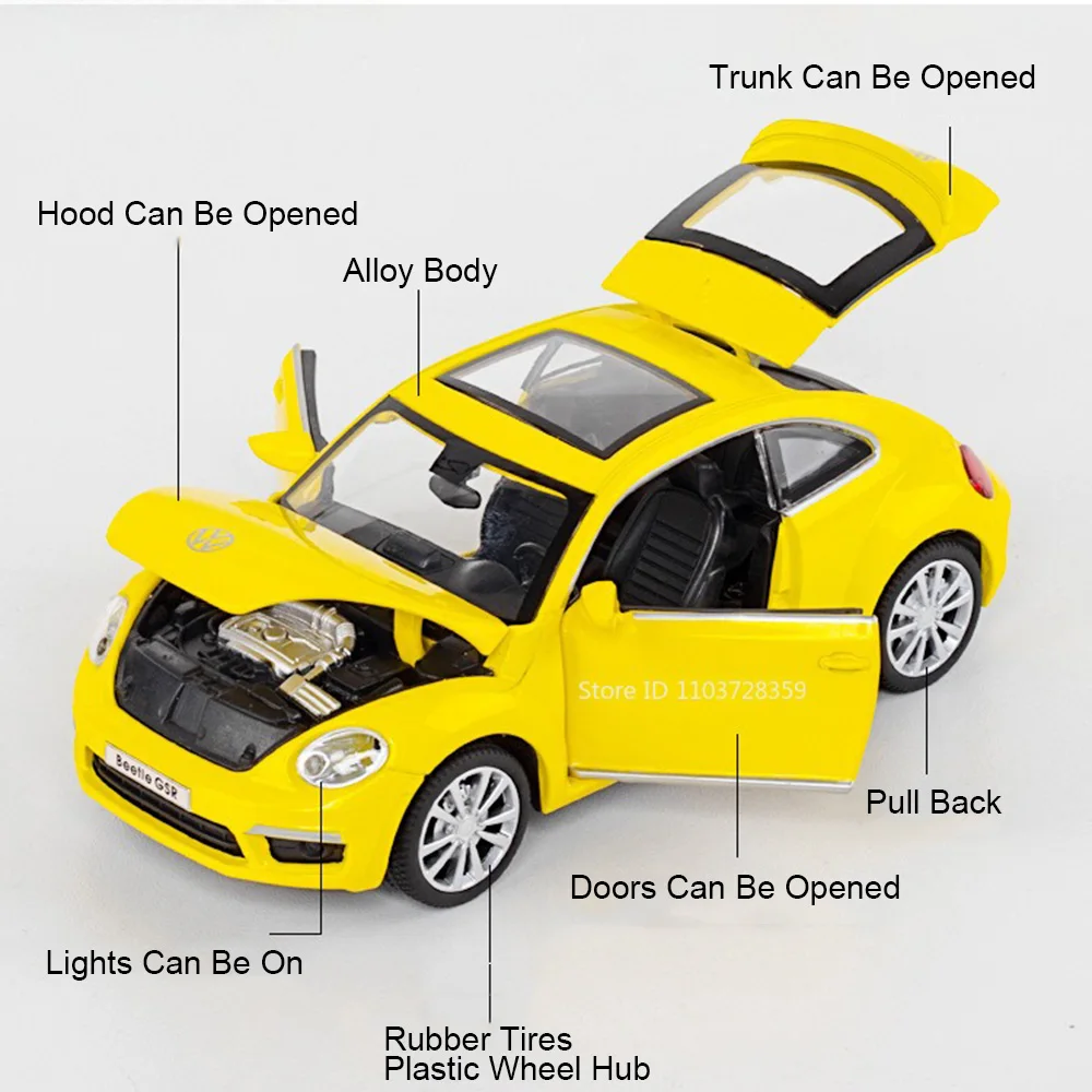 Modelo de escarabajo GSR CC 1:32, coches de juguete de aleación, vehículos en miniatura fundidos a presión, puertas con luz de sonido, adorno abierto hacia atrás para regalos de niños