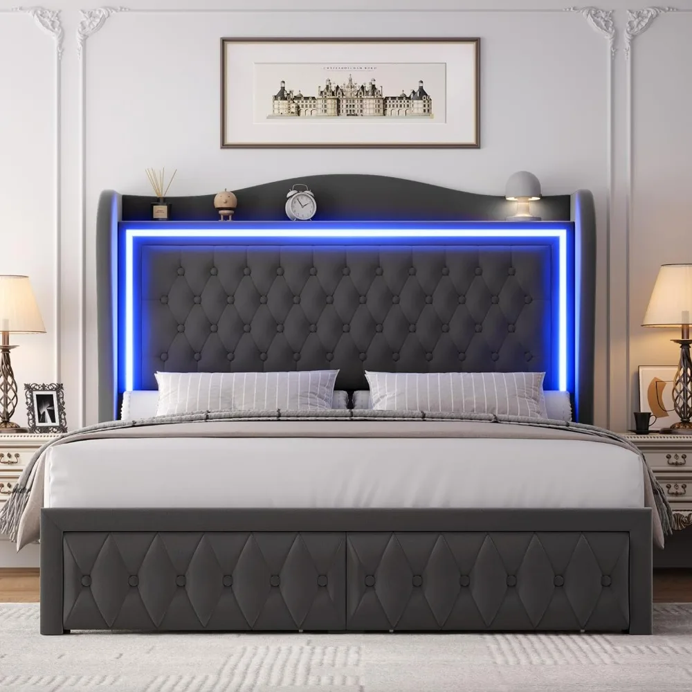 

King Bed Frame,55" Tall Headboard With LED Lights,with 2 Storage Drawers,Wood Slats Support Mattress Foundation,bed Frame