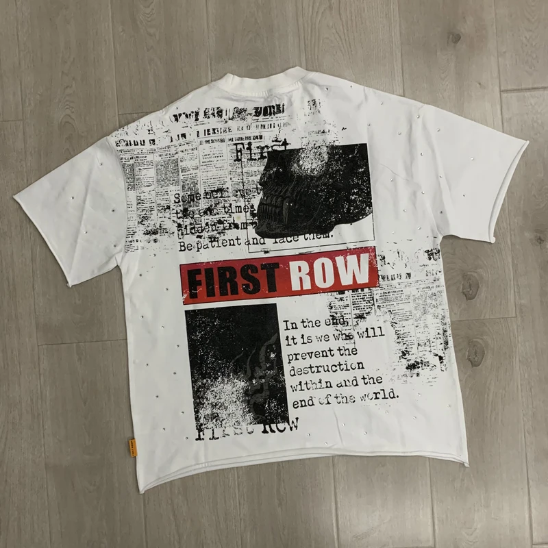 FIRST ROW T-shirts Men Women High Street Vintage Hip-hop Flame Skull Print Hot Diamond Round Neck Short Sleeve Top Tee