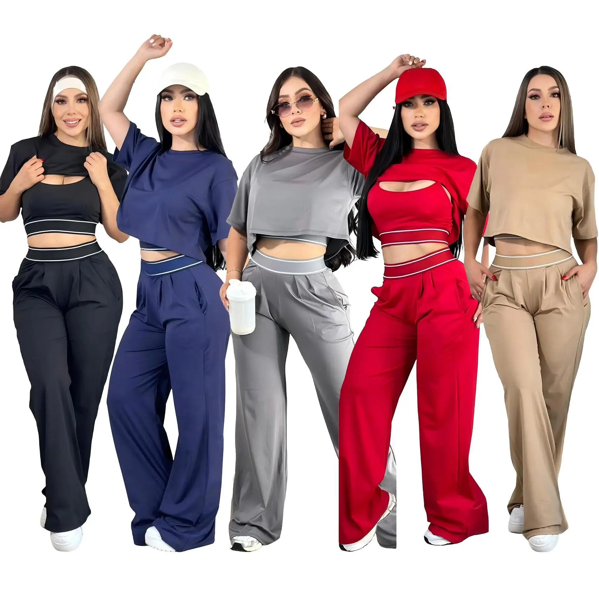 Q6387 Relaxed Short-Sleeved Cover-Up, Sexy Strappy Wide-Leg Trousers, Casual Sporty Three-Piece Set (with chest pads)