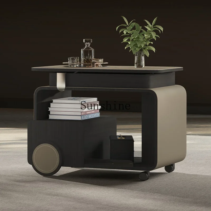 

Minimalist living room sofa light luxury premium saddle leather side movable lifting coffee table small table