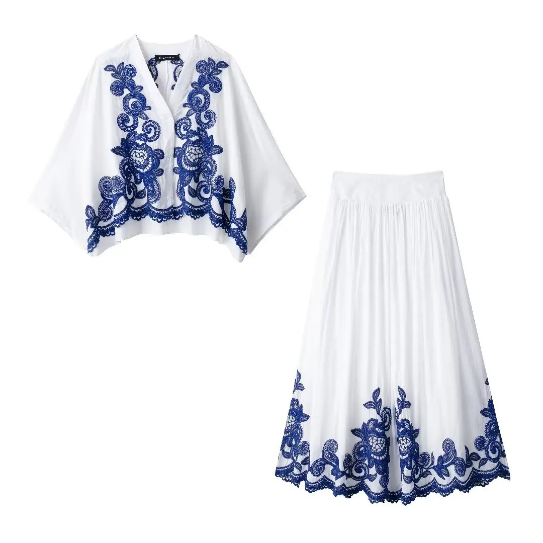 TRAFZA 2024 Women 2 Piece Set Single-Breasted Blue Embroidery Decoration Casual Shirt Top+Folds High Waist Midi Skirt TRAF