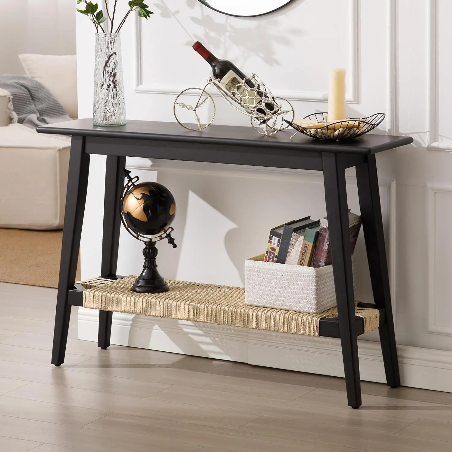 Farmhouse Narrow Console Table with Rattan Storage Shelf 46