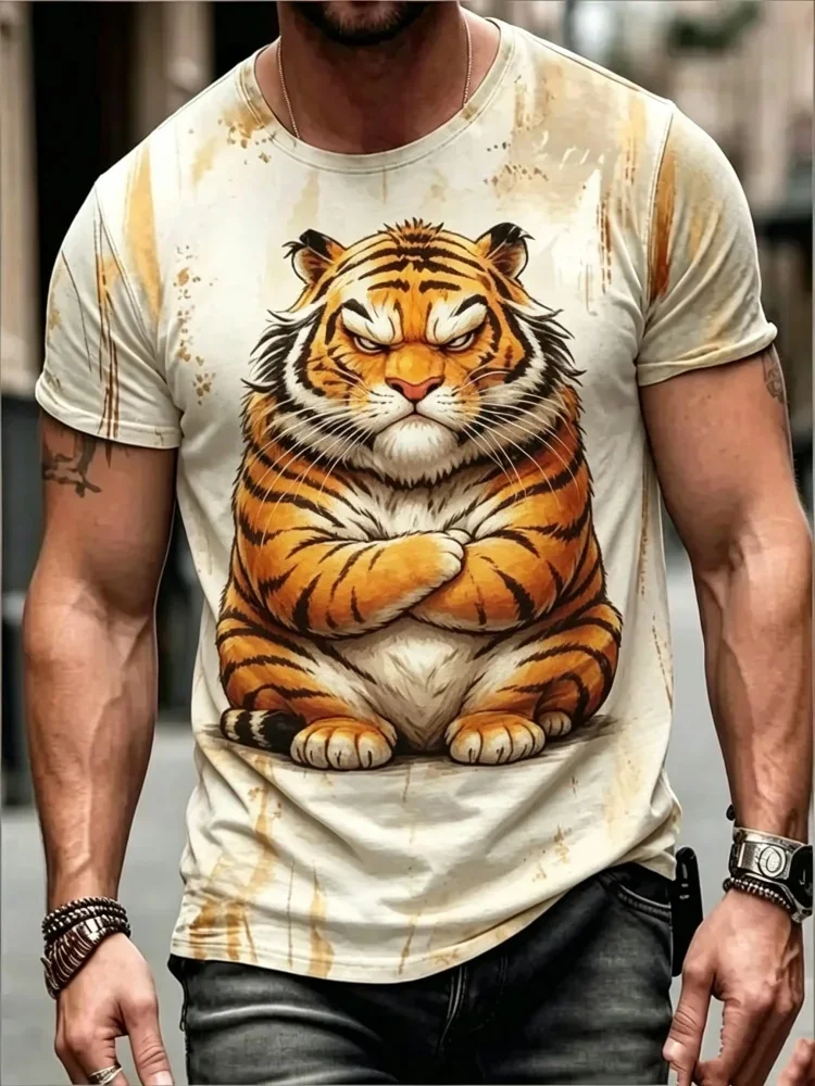 Funny 3D Animal Tiger Print Men's T-shirt Fashion Cool Daily Short Sleeve T shirt Casual Loose Crew Neck Y2k Top Summer Clothing