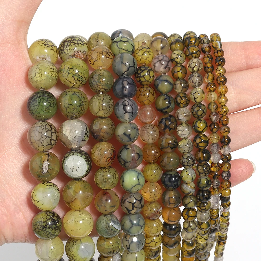 Yellow Color Dragon Veins Agates Stone Beads 4-12mm Natural Round Gemstone Bead for DIY Bracelets Necklace Jewelry Making Stuff