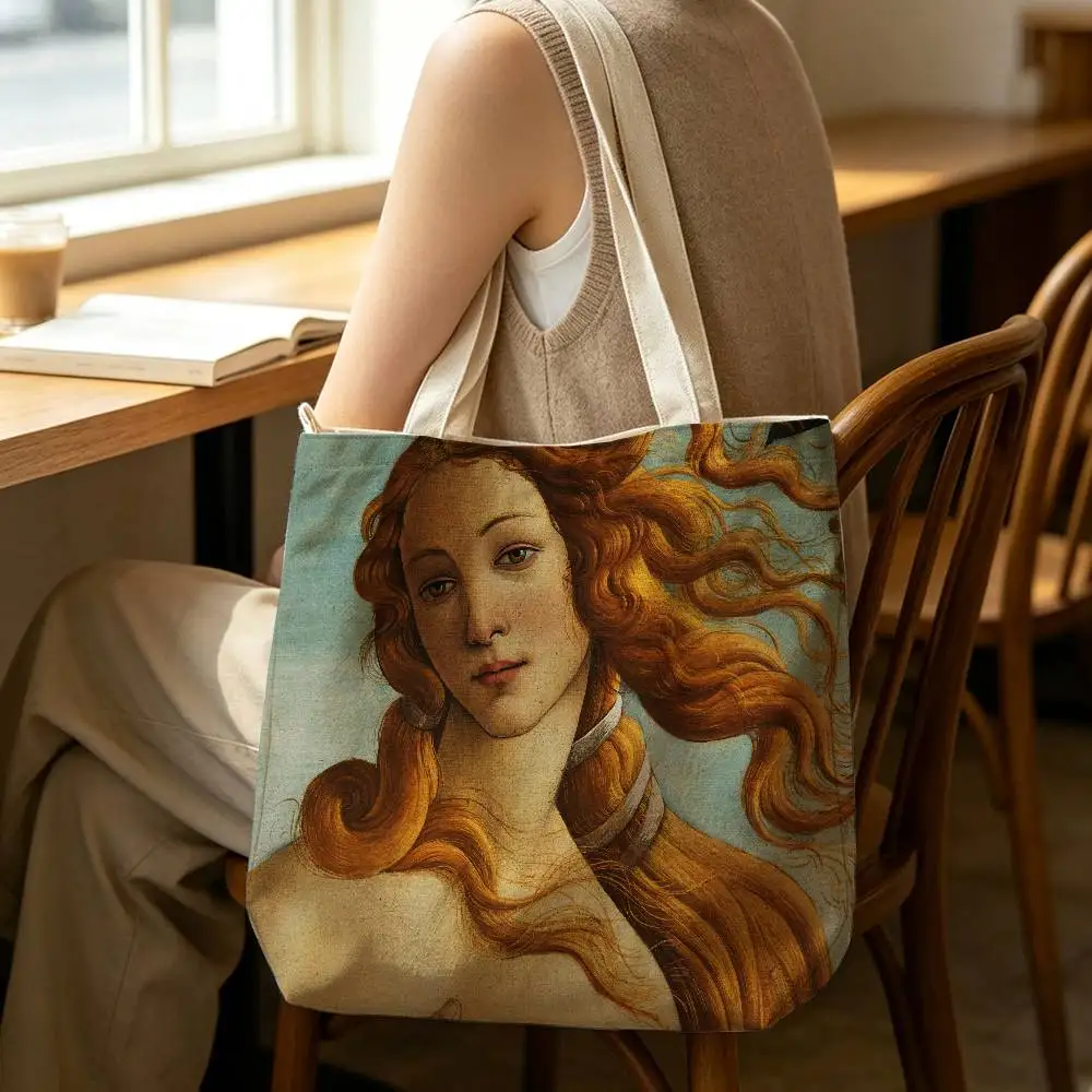 S-Sandro Botticelli Renaissance Tote Bag for Women Reusable Shopping Tote Bag Zippered Shoulder Bags Print 2