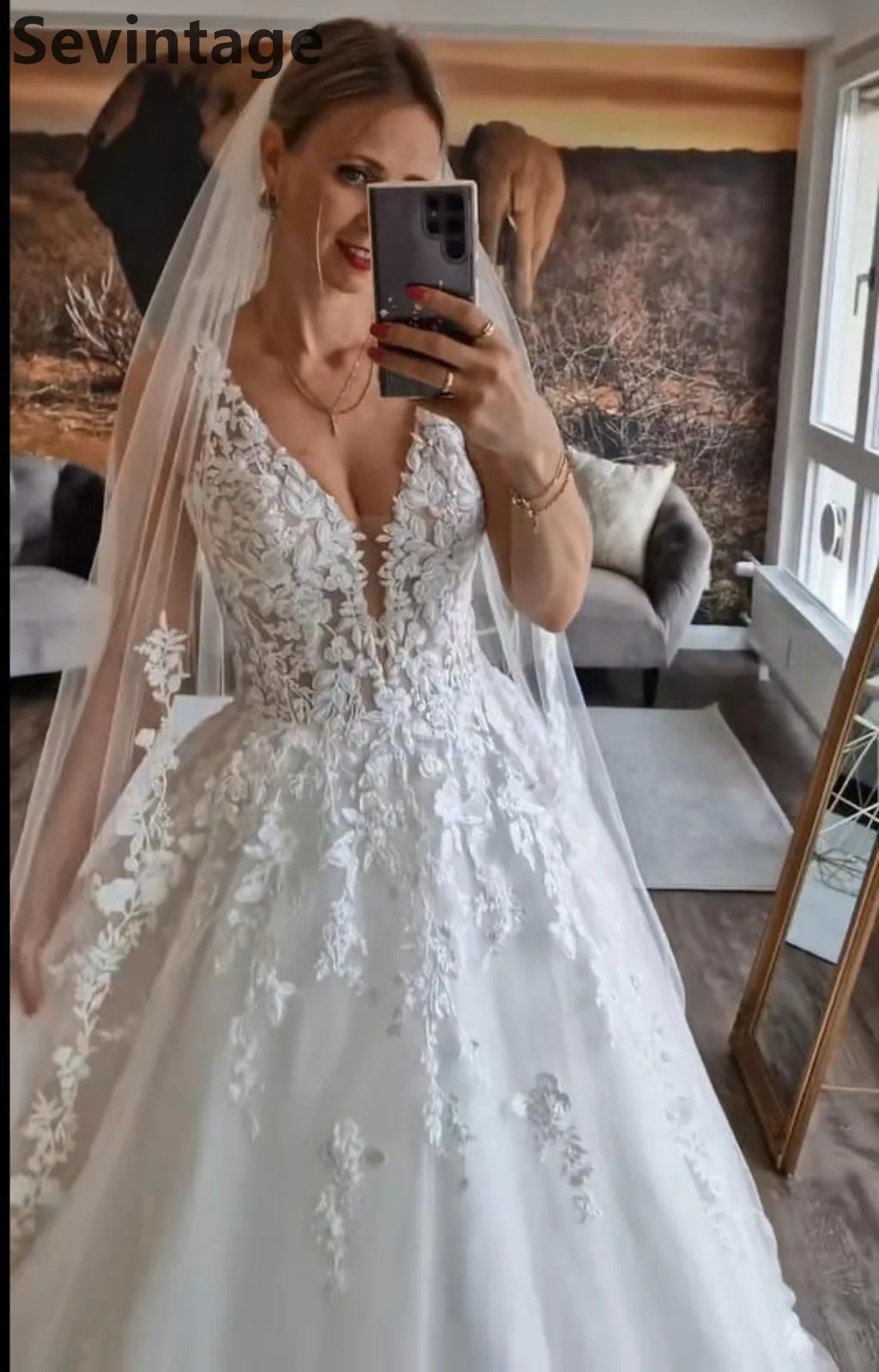 Sevintage 2025, sexy V-Ausschnitt, Spaghettiträger, Hochzeitskleid, Tüll, A-Linie, Spitze, Applikationen, Brautkleider, individuell gestaltet