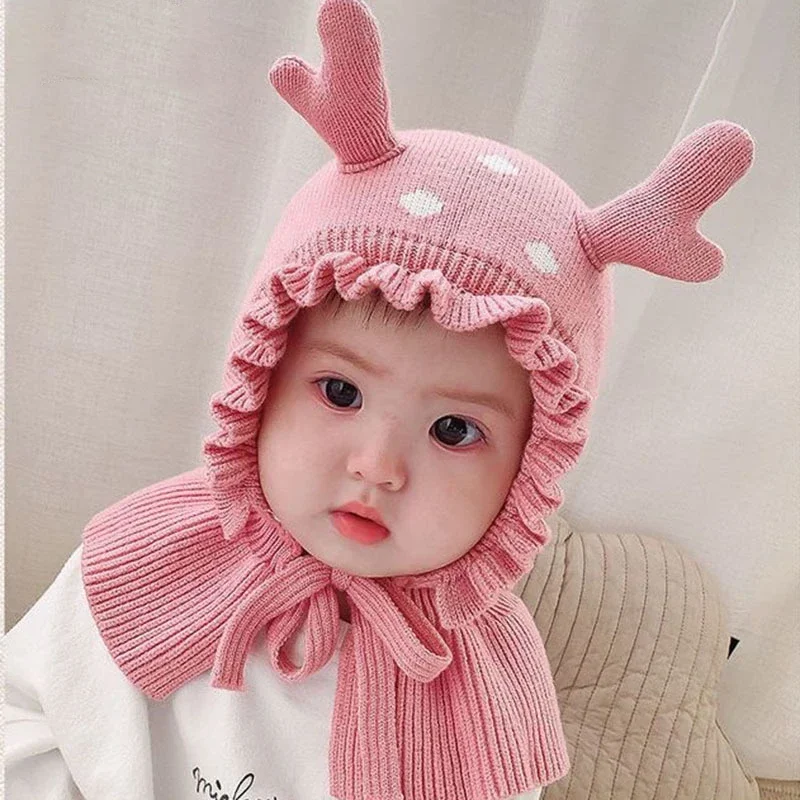 New Baby Knitted Hooded Scarf Warm Solid One Piece Scarf Hat Girls Thicken Ear Protection Hat Headgear Bonnet for Boys Girls