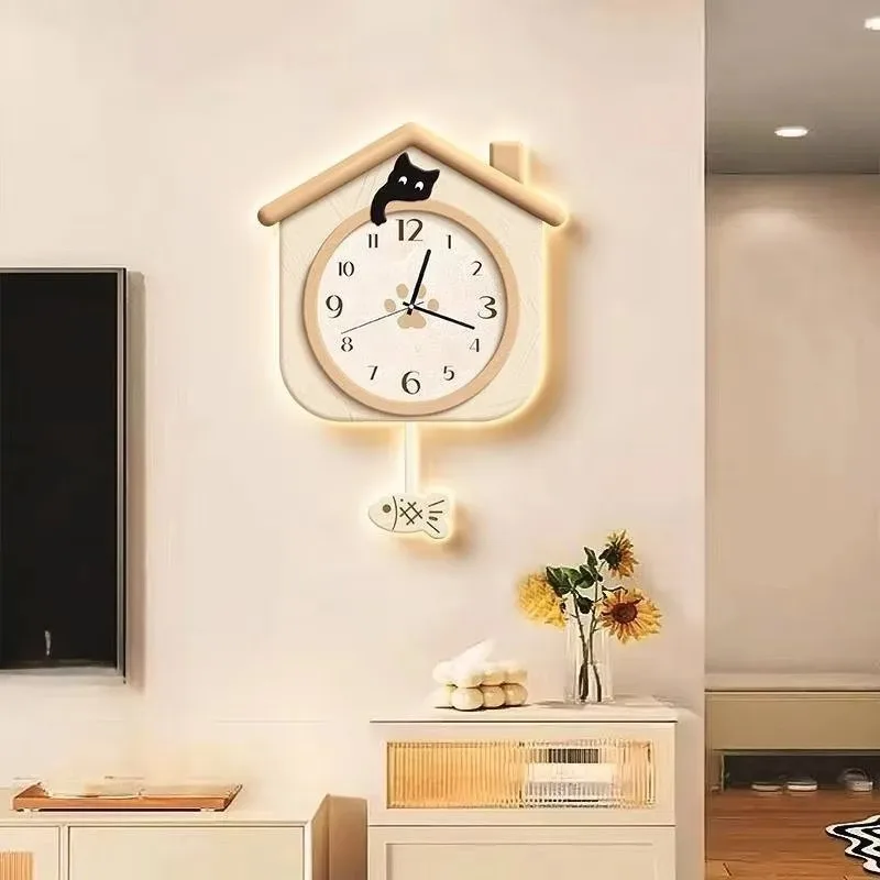 Pendulum Design Wall Clock Quiet Decoration Light Cat Living Room Wall Clock Luxury Modern Decorazioni Casa Home Decor Items