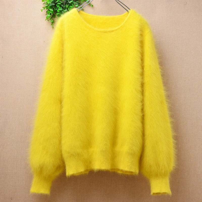 Ladies Women Fall Winter Clothing Yellow Mink Cashmere Knitted Long Lantern Sleeves O-Neck Slim Blouses Pullover Jumper Sweater