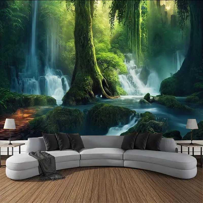 Waterfall Jungle Tapestry – Mystical Primary Forest Landscape Wall Art for Bedroom, Living Room or Office Decor