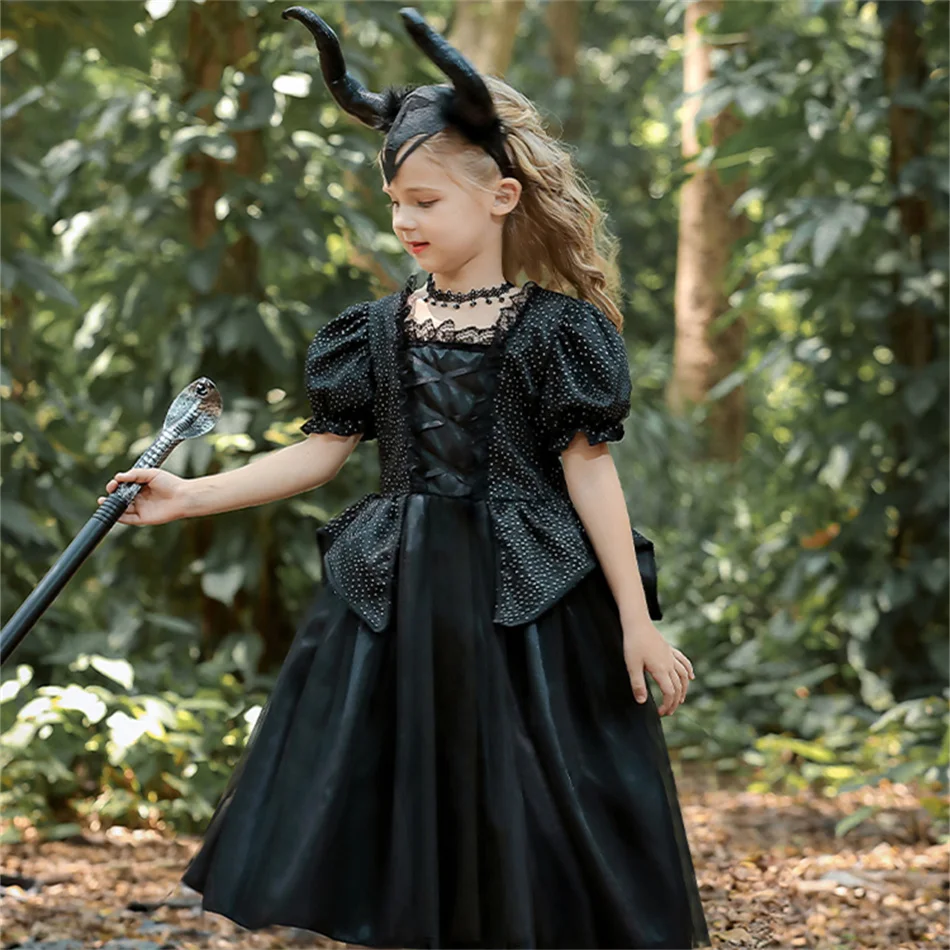 Böse Königin Halloween Cosplay Kostüm Mädchen Schwarzes Hexen-Prinzessinnenkleid Kinder Geburtstag Karneval Party Kleidung Bühnenauftritt Kleid – Detail 18