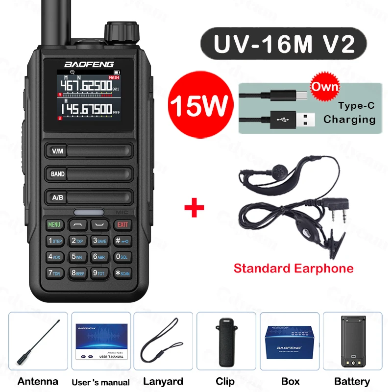 Upgrade Baofeng UV16M V2 Walkie Talkie 15W Hoge capaciteit AM FM 2-weg radio Volledige band LCD 999CH Frequentie Kopie NOAA Ruisonderdrukking