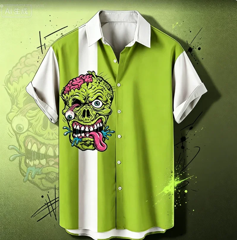 Small and Medium-sized Color Blocked Dark Flower Shirt Skull Retro Tattoo Men's Summer Casual Short Sleeved Shirt