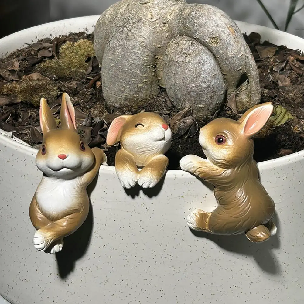 Small Rabbit Sculpture 3pcs Climbing Bunny Figurines Set Resin Rabbit Statues for Garden Decor Outdoor Flower Pot Hanger