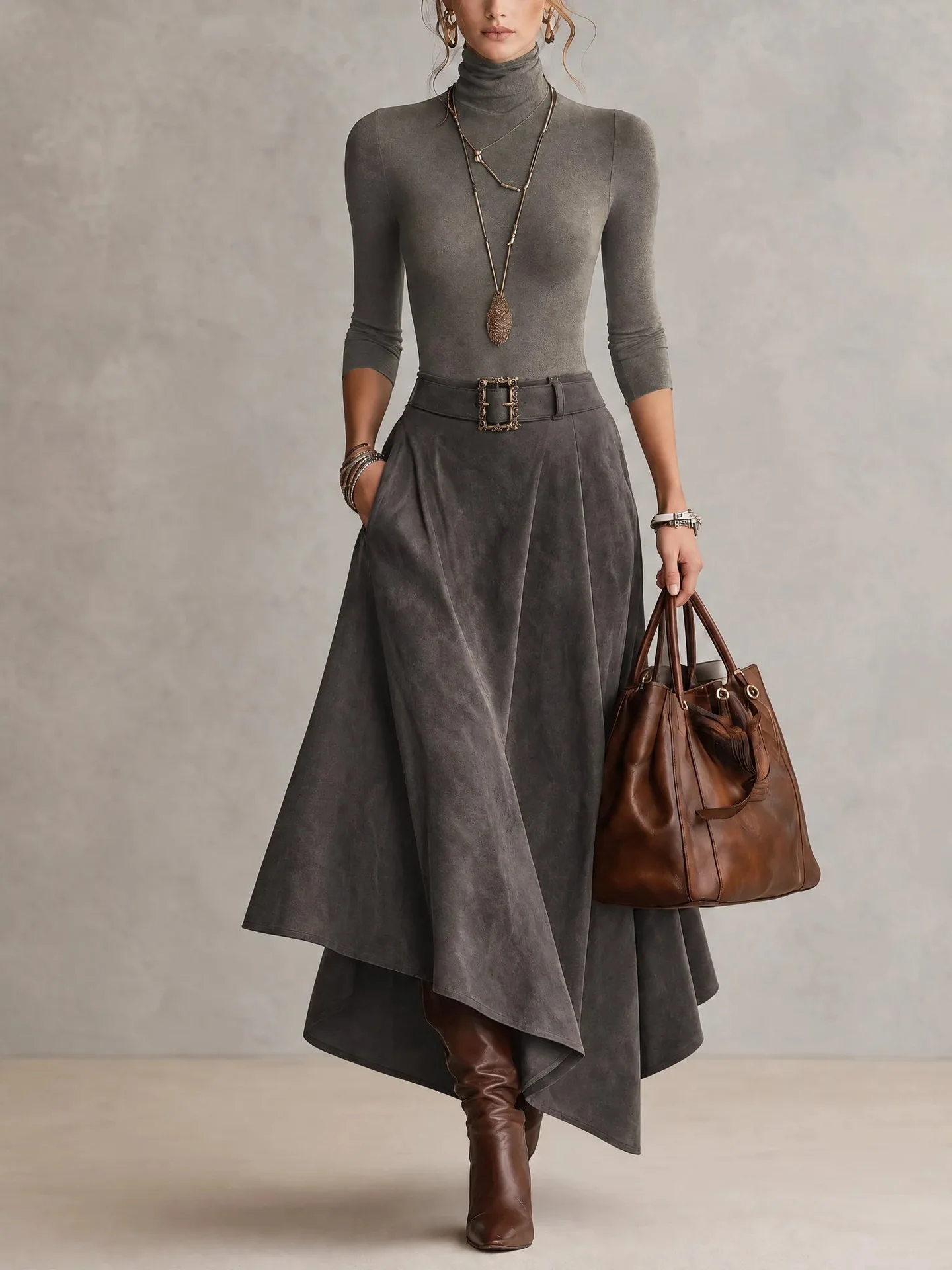 Women 2 Piece Outfit Turtleneck Long Sleeve Slim Top + Irregular Hem Suede Midi Skirt with Belt Elegant Matching Suit Streetwear