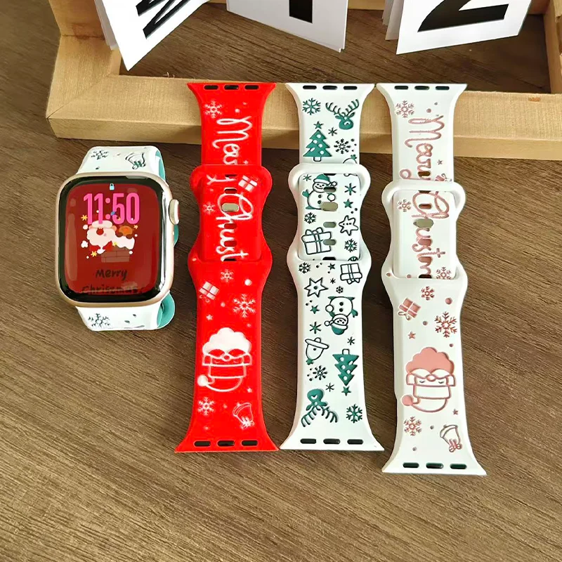 Christmas Carved Silicone Replacement Band For Apple Watch Series 11 10 9 8 7 6 5 SE Ultra Fits 49-38mm Double Pin Durable Men