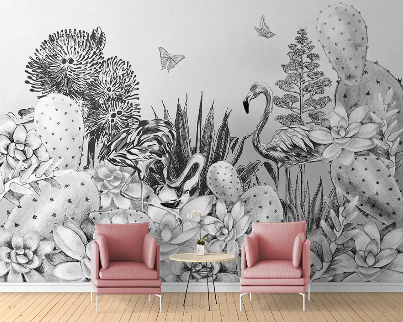 papel de parede Custom 3d Wallpaper Mural Modern Nordic Hand Painted Sketch Flower Flamingo Sofa Background Wall