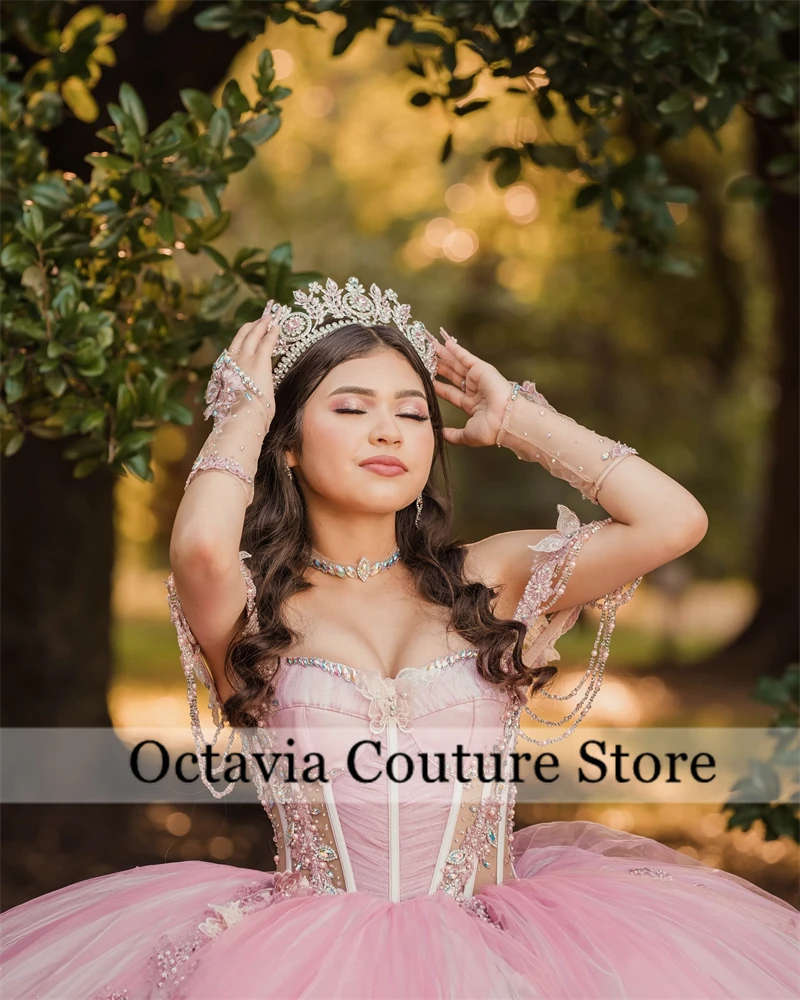 Robe de Quinceanera à pampilles, appliques de perles roses du Mexique, robes de luxe, hors de l'initiative, anniversaire, robe formelle, Sweet 16, 2024