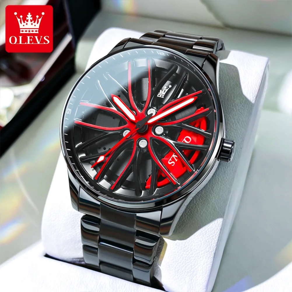 OLEVS-reloj de cuarzo con rueda hueca 3D para hombre, accesorio de pulsera de acero inoxidable, esfera rotativa luminosa, color negro, marca