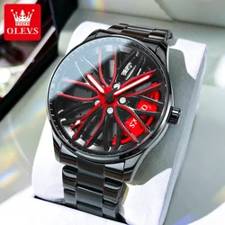 OLEVS-reloj de cuarzo con rueda hueca 3D para hombre, accesorio de pulsera de acero inoxidable, esfera rotativa luminosa, color negro, marca superior, a la moda, 9937