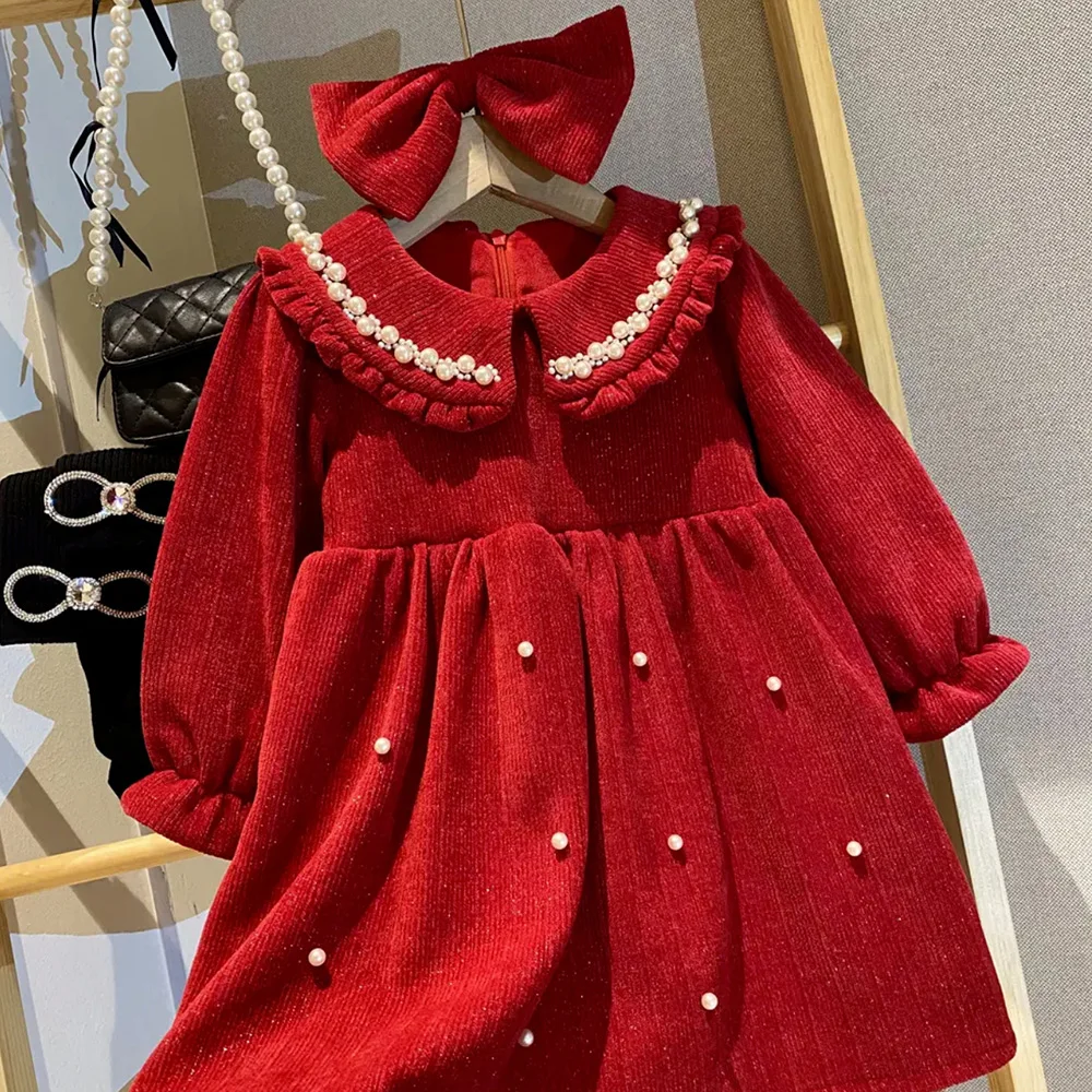 Girls Red Fleece Dress 2024 Autumn Winter Long Sleeve Peter Pan Collar Pearl Beading Princess Dresses Merry Christmas Kids Dress