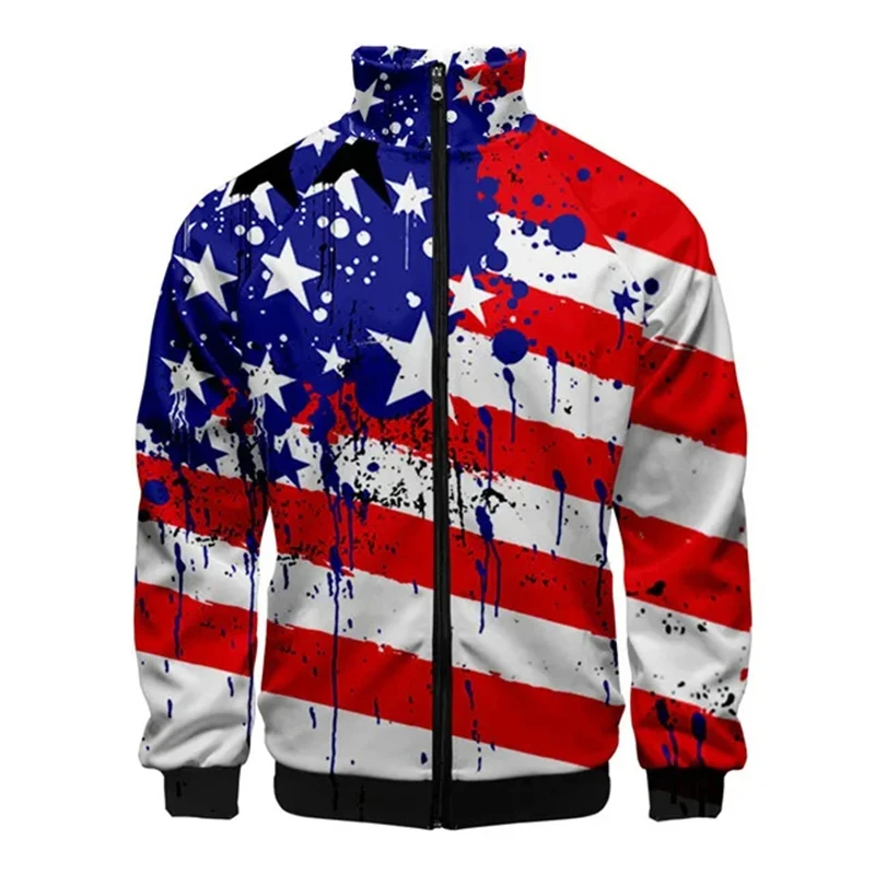 USA Flag American Stars And Stripes Lapel Jackets Zipper Jacket 2024 Daily Casual Long Sleeve Street Coat Clothes Male Tops 4XL