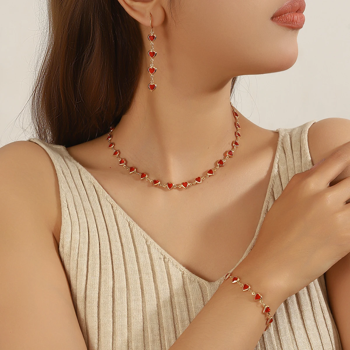 Fashionable Minimalist Red Heart Three-Piece Jewelry Set Necklace Bracelet Earrings for Daily Wedding Banquet   Festival Gift