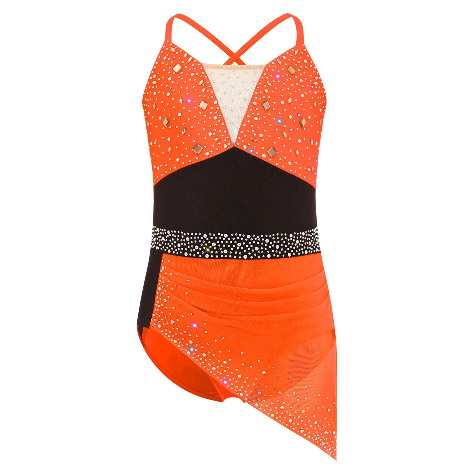 

Kids Girls Ballet Figure Skating Jersey Leotards Gymnastics Lyrical Dance Costume Sleeveless Rhinestones Mesh Skirted Leotard